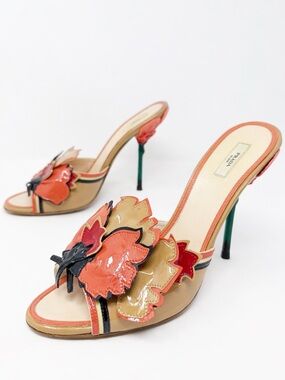 Vintage Prada Floral Patent Mule Heels Womens Size EU 39